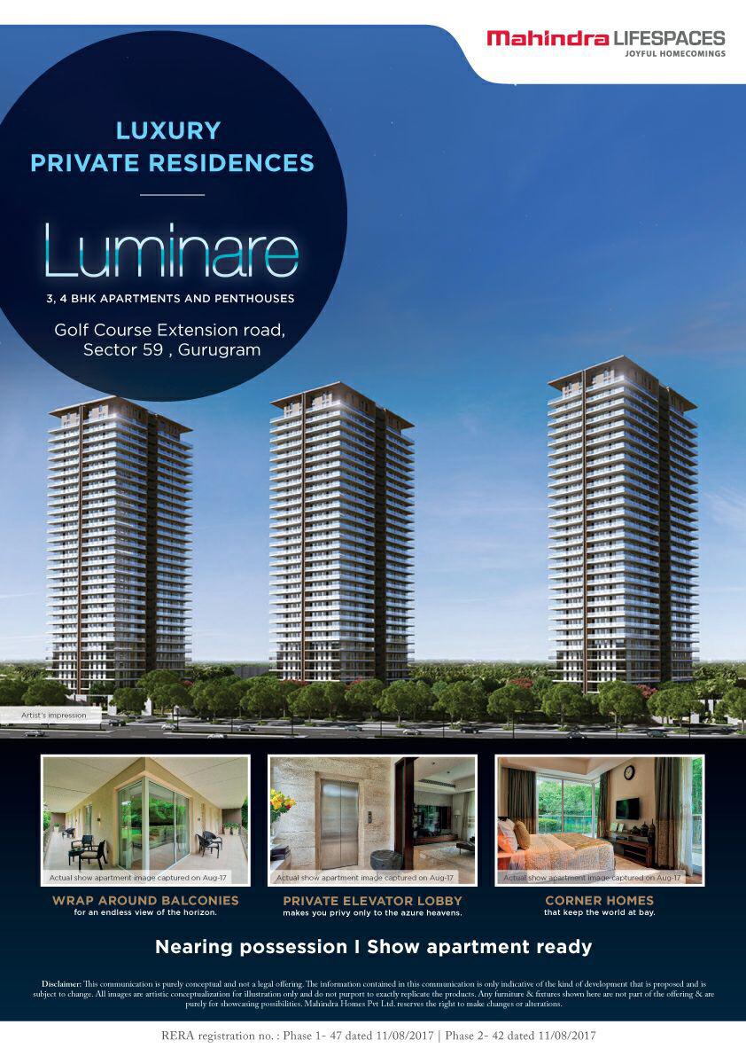 Reside in luxurious 3 & 4 BHk apartments and penthouses at Mahindra Luminare in Gurgaon Update